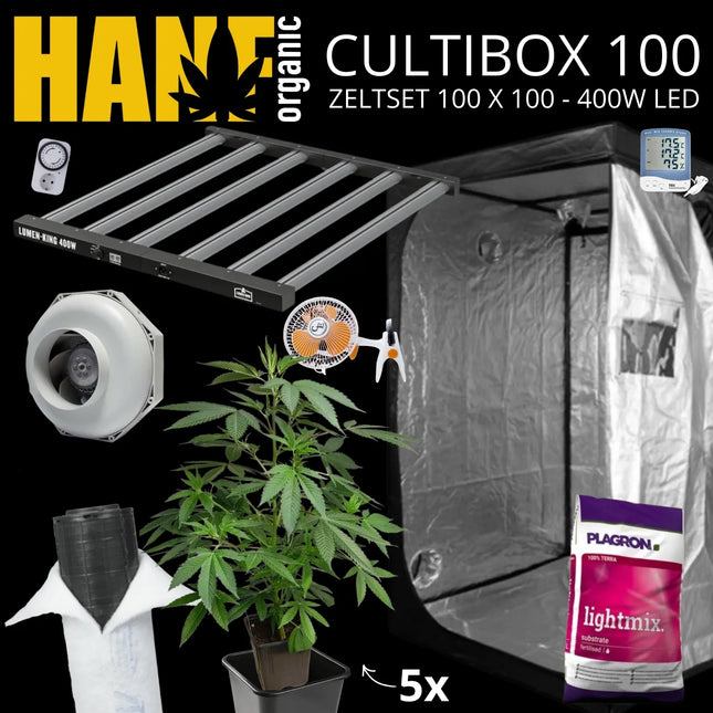 Cultibox 100 Zeltset 100×100 cm mit 400W LED, Growzelt mit Abluft, Umluftventilator, Aktivkohlefilter, LED-Growlampe, Plagron Lightmix und 5 Hanfpflanzen
