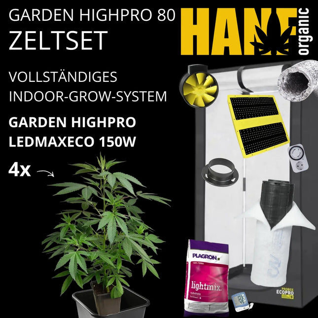 Garden HighPro 80 Zeltset mit 150W LED Growlampe, Indoor-Growzelt, Abluftsystem, Aktivkohlefilter, Ventilator, Zeitschaltuhr, Hygrometer, Plagron Lightmix Substrat und vier jungen Pflanzen