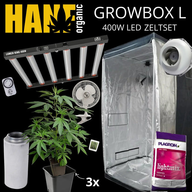 Growbox L 400W LED Zeltset von Hanf Organic mit LED-Growlampe, Growzelt, Abluftventilator, Umluftventilator, Zeitschaltuhr, Thermo-Hygrometer, Aktivkohlefilter, Blumentöpfen, Cannabis-Pflanzen und Plagron Lightmix Erde